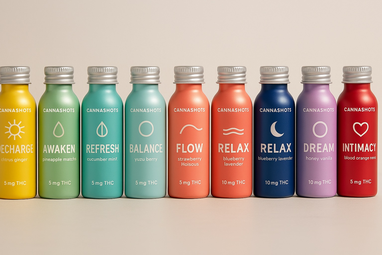 CannaShots product line — nine flavour-forward cannabis shot bottles